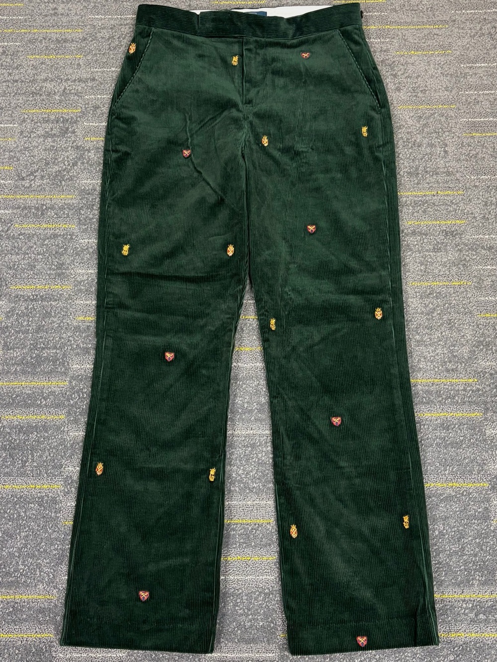 Polo Ralph Lauren Boys Embroidered Corduroy Pants Green Sz 18 Shields Wide Wale